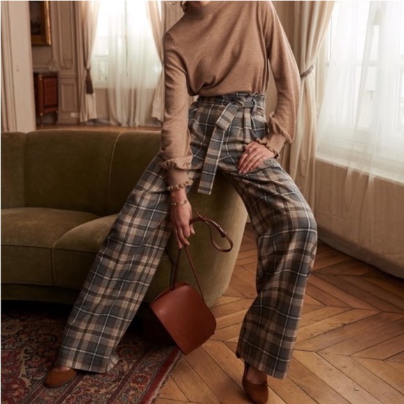 Sezane Pants - Plaid High-Waisted Wide-Leg Pants